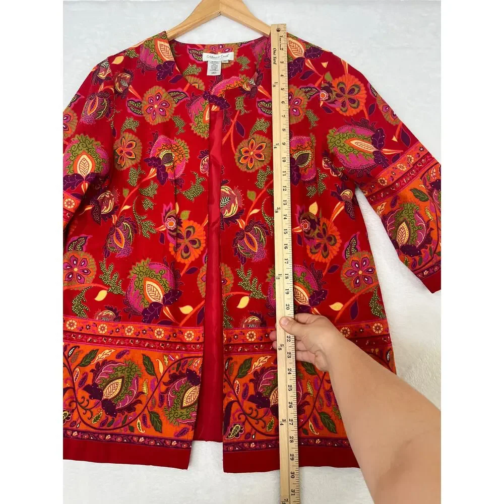 VTG Coldwater Creek Linen Red Bohemian Open Jacket sz Petite L Paisley Southwest - Picture 7 of 7